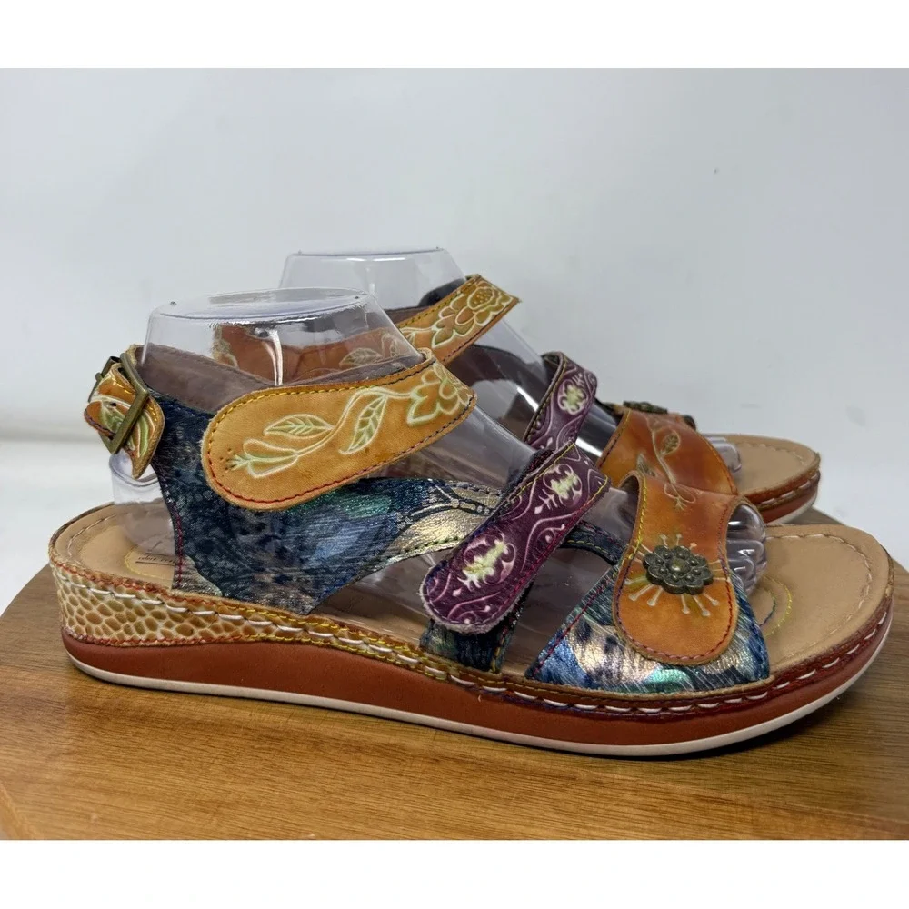 L'Artiste Spring Step Sumacah Multi Color Leather Floral Wedge Sandals Womens 42
